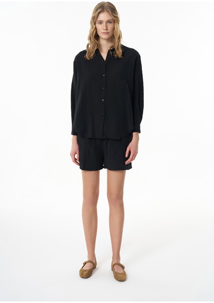 Dokulu Cepli Oversize Basic Gömlek Siyah