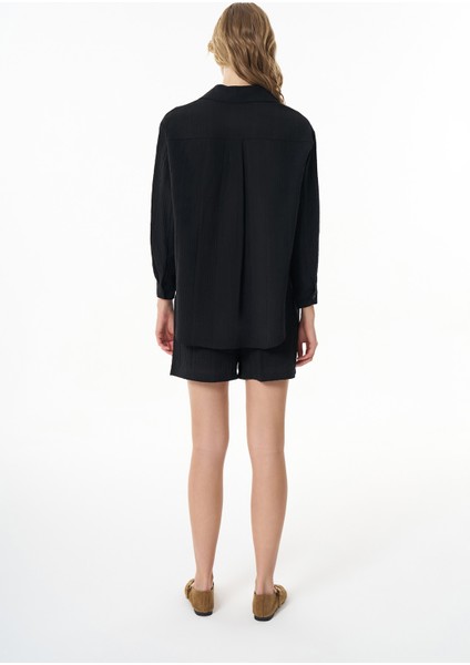 Dokulu Cepli Oversize Basic Gömlek Siyah
