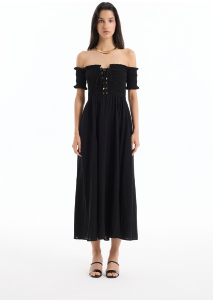 Kuş Gözü Bağlamalı Düşük Omuz Elbise Siyah