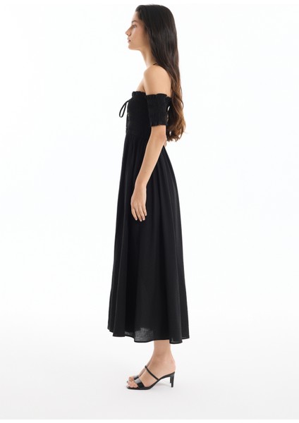 Kuş Gözü Bağlamalı Düşük Omuz Elbise Siyah