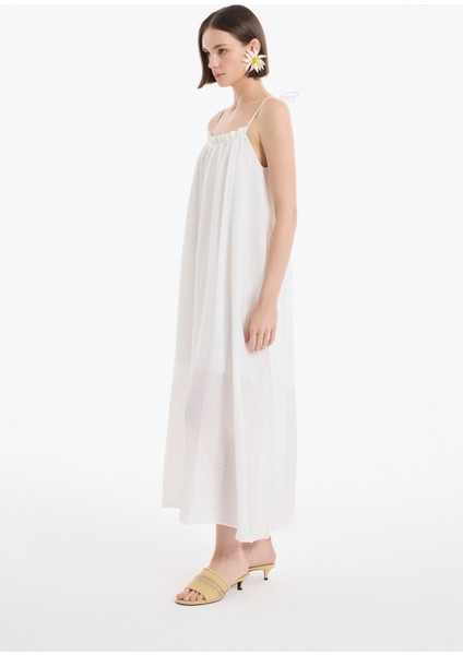 Bağlama Ip Askılı Gofre Uzun Elbise Ekru