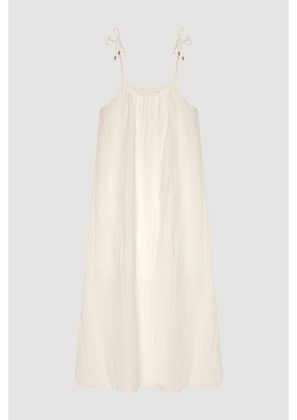 Bağlama Ip Askılı Gofre Uzun Elbise Ekru