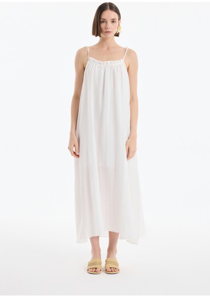 Bağlama Ip Askılı Gofre Uzun Elbise Ekru