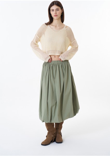 Pile Detaylı Midi Balon Etek Haki