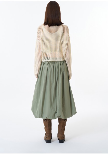 Pile Detaylı Midi Balon Etek Haki