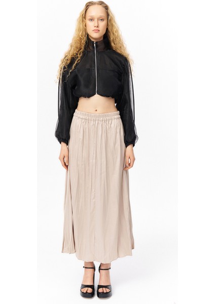 Beli Lastikli Pileli Midi Boy Etek Bej