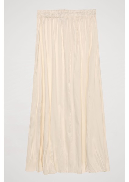 Beli Lastikli Pileli Midi Boy Etek Bej