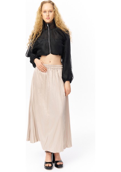 Beli Lastikli Pileli Midi Boy Etek Bej