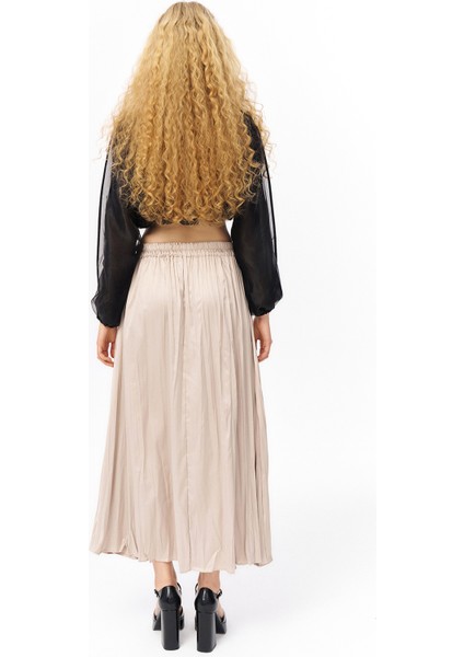 Beli Lastikli Pileli Midi Boy Etek Bej