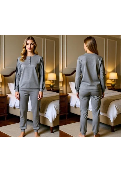 Kadın Pamuklu Koyu Gri Renk Pijama Takımı AL507-2