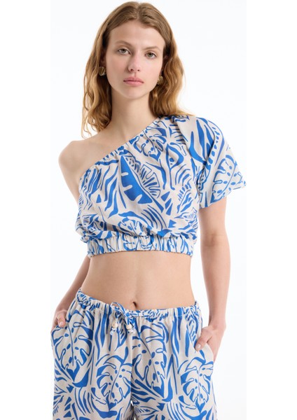 Tropik Desenli Tek Omuz Crop Bluz Mavi