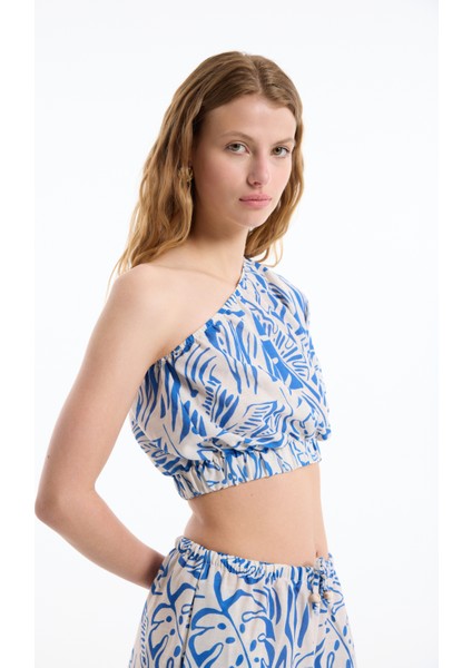 Tropik Desenli Tek Omuz Crop Bluz Mavi