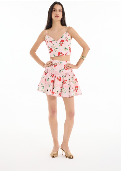 Kiraz Desenli Volanlı Mini Etek Pembe