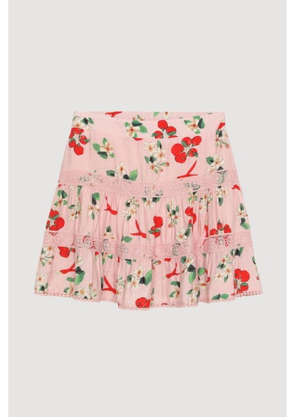 Kiraz Desenli Volanlı Mini Etek Pembe