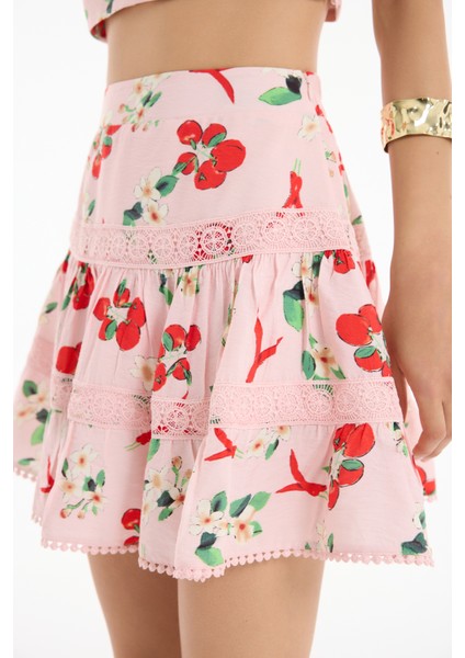 Kiraz Desenli Volanlı Mini Etek Pembe