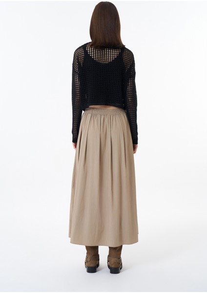 Pile Detaylı Teknik Kumaş Midi Etek Bej