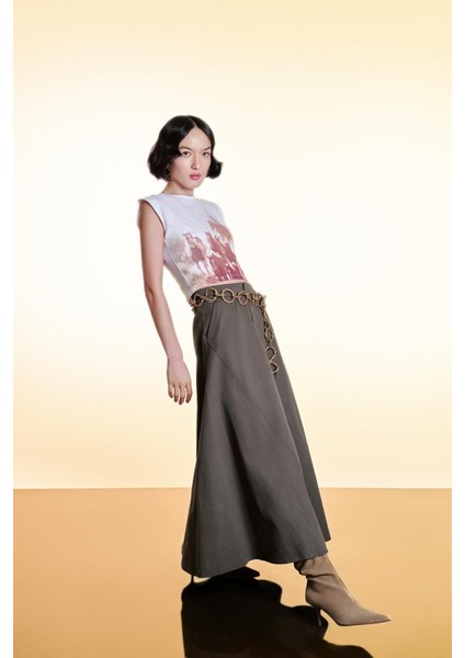 Beli Lastikli Pileli Basic Midi Etek Haki