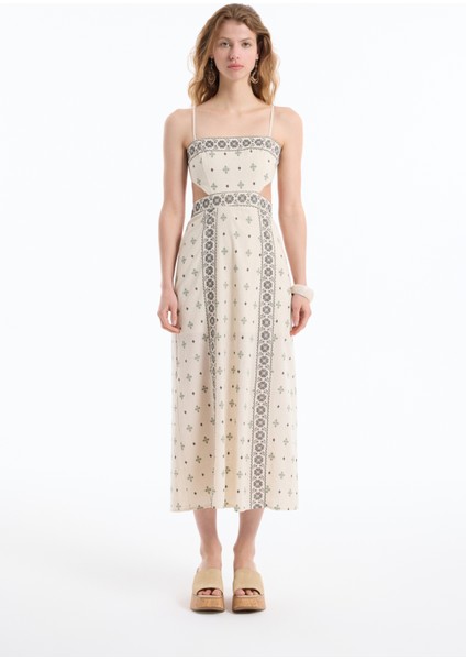 Etnik Desenli Cut Out Dekolteli Elbise Naturel