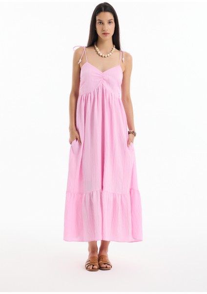 Ince Çizgili Boncuk Askılı Uzun Elbise Pembe