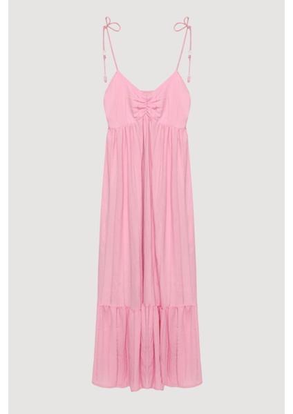 Ince Çizgili Boncuk Askılı Uzun Elbise Pembe