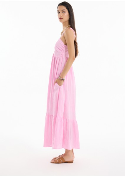 Ince Çizgili Boncuk Askılı Uzun Elbise Pembe