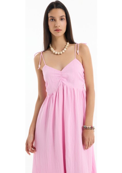 Ince Çizgili Boncuk Askılı Uzun Elbise Pembe