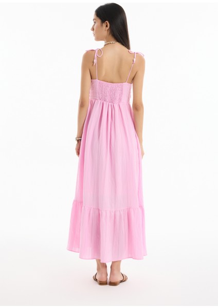 Ince Çizgili Boncuk Askılı Uzun Elbise Pembe