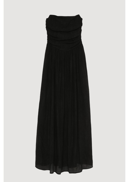 Drape Detaylı Pileli Straplez Midi Elbise Siyah