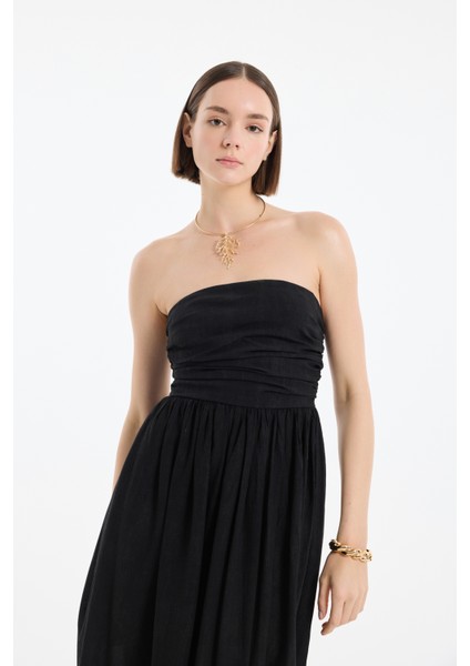 Drape Detaylı Pileli Straplez Midi Elbise Siyah
