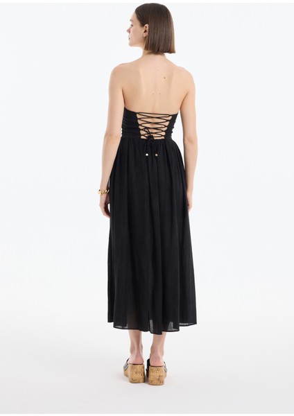 Drape Detaylı Pileli Straplez Midi Elbise Siyah