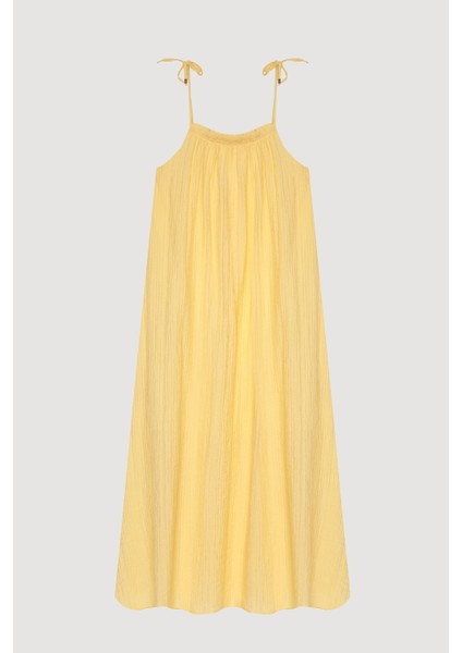 Bağlama Ip Askılı Gofre Uzun Elbise Sarı