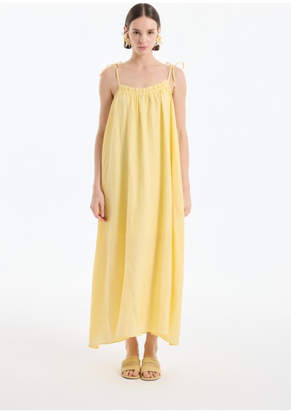Bağlama Ip Askılı Gofre Uzun Elbise Sarı
