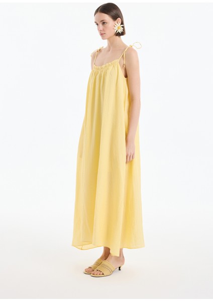 Bağlama Ip Askılı Gofre Uzun Elbise Sarı
