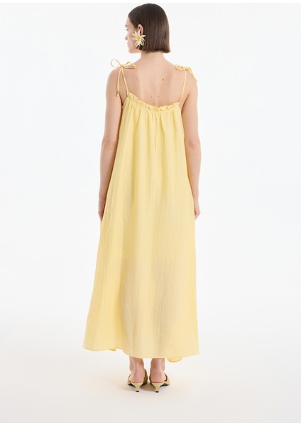 Bağlama Ip Askılı Gofre Uzun Elbise Sarı