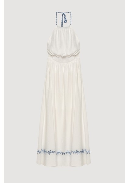 Beli Lastikli Nakışlı Uzun Elbise Ekru