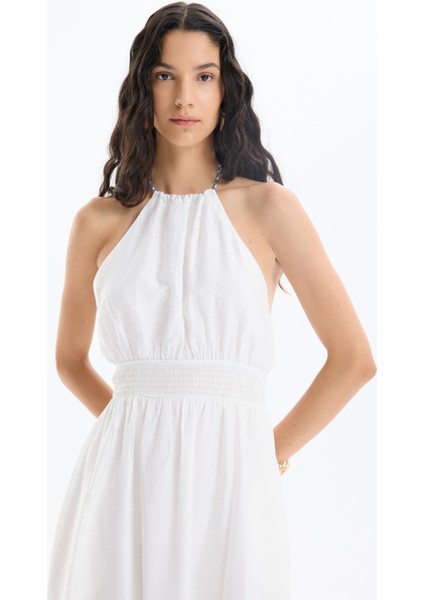 Beli Lastikli Nakışlı Uzun Elbise Ekru