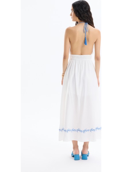 Beli Lastikli Nakışlı Uzun Elbise Ekru