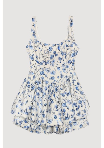 Çiçek Desenli Mini Balon Elbise Ekru