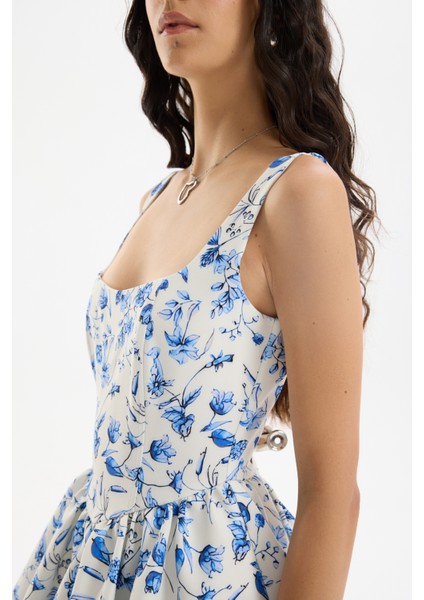 Çiçek Desenli Mini Balon Elbise Ekru