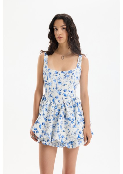 Çiçek Desenli Mini Balon Elbise Ekru