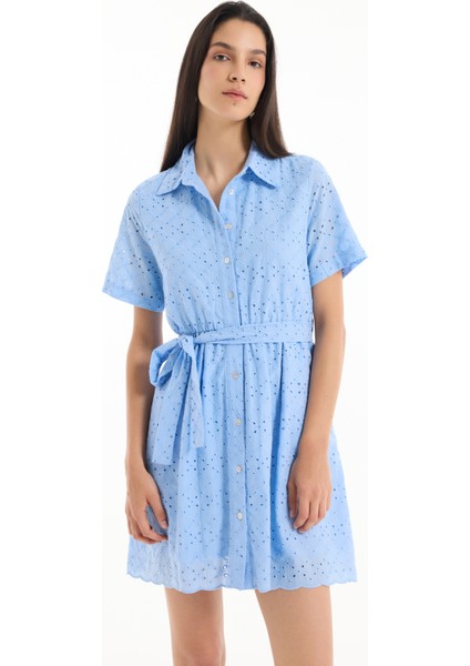 Fisto Detaylı Bağlamalı Mini Elbise Mavi