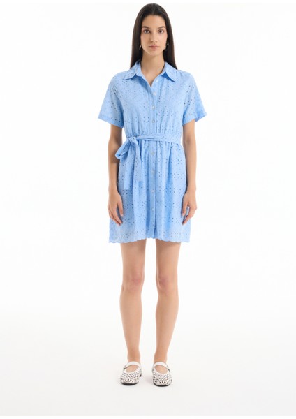 Fisto Detaylı Bağlamalı Mini Elbise Mavi