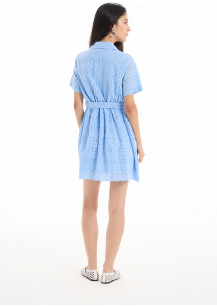 Fisto Detaylı Bağlamalı Mini Elbise Mavi