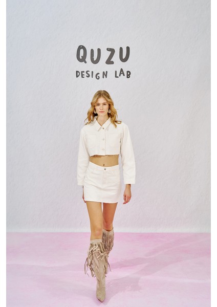 Örgü Detaylı Mini Kot Etek Krem