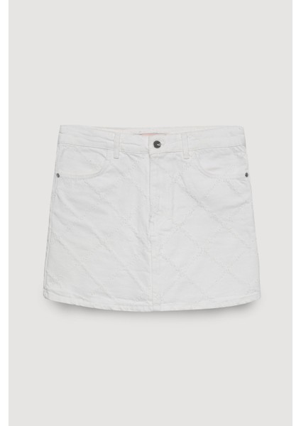 Örgü Detaylı Mini Kot Etek Krem