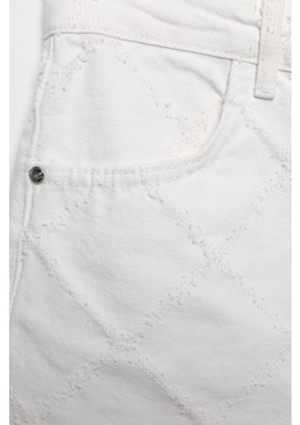 Örgü Detaylı Mini Kot Etek Krem