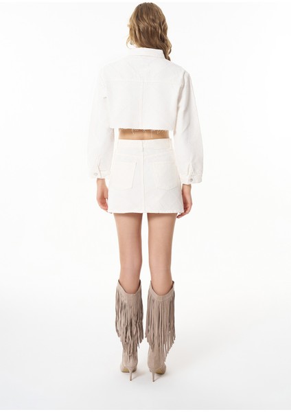 Örgü Detaylı Mini Kot Etek Krem