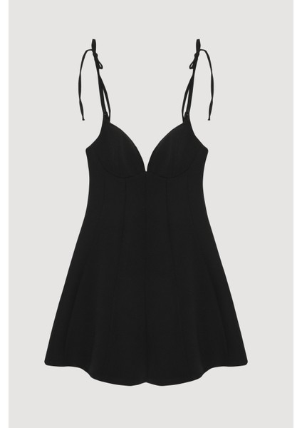 Kalp Yaka Bağlamalı Ip Askılı Mini Elbise Siyah