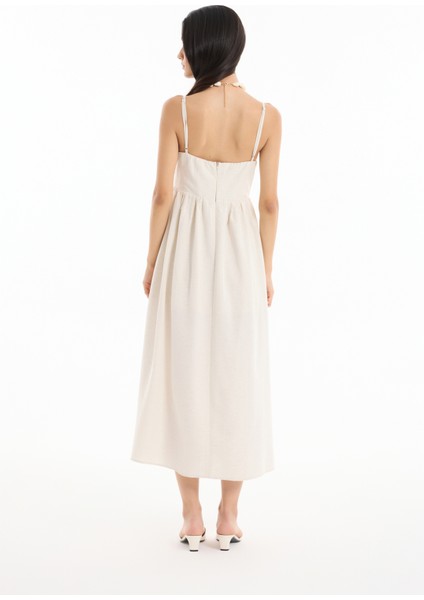 İnce Askılı Keten Kloş Uzun Elbise Naturel