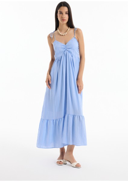 Ince Çizgili Boncuk Askılı Uzun Elbise Mavi